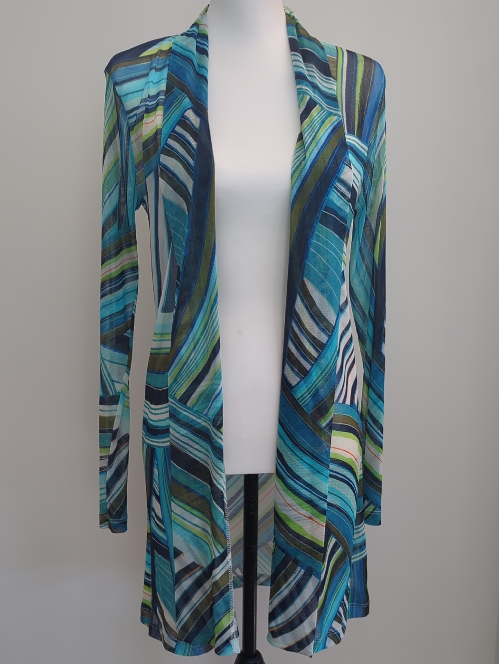 Robert Kitchen Open-Front Blue Geo Striped Sheer Lightweight Cardigan Duster